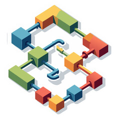 Fototapeta premium Abstract isometric design of connected colorful blocks forming a complex network on a black background