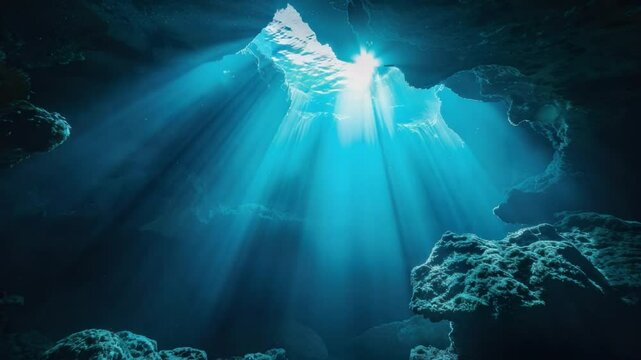 Sunlight penetrates the turquoise blue waters of an underwater cave, creating a mesmerizing play of light and shadow