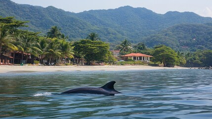 Dolphin swimming near a tropical beach.