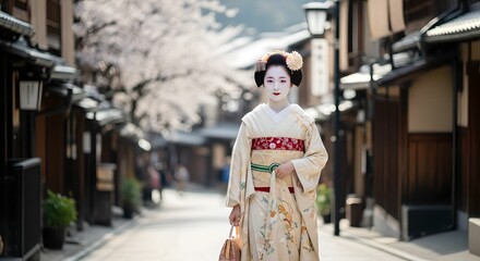 春の京都・花街を歩く舞妓の優雅な姿