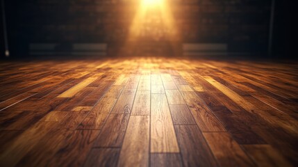 Empty wooden dance floor illuminated by warm golden sunlight with reflective polished surface and vibrant glow
