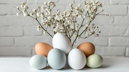 Elegant arrangement of white, brown, and pastel eggs with delicate white flowers on rustic white brick wall background