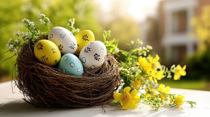 Decorative bird's with colorful Easter eggs and yellow sp flowers on bright sunny outdoor background