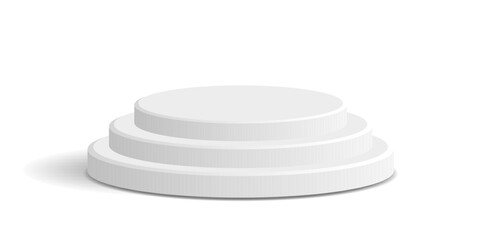 Stacked cylinder white podium vector with clean round layers, ideal for award, presentation, display stage, product showcase, ranking, success background, or minimalist 3D platform illustration.
