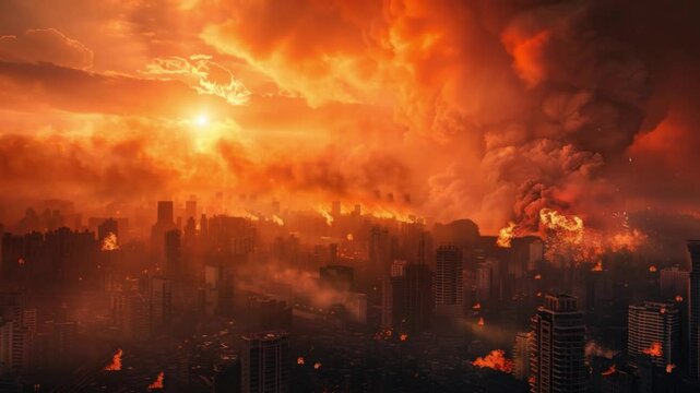 Apocalyptic city engulfed in flames under a fiery sky, an ominous scene of destruction and devastation