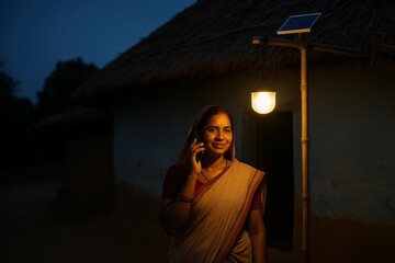 Woman talking on phone under solar street light, rural village night and renewable energy