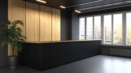 Modern interior space with large natural daylight wooden wall panels minimal design commercial area