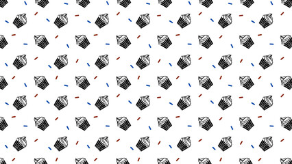 A pattern of sketched cupcakes with blue and brown sprinkles on a white background design style