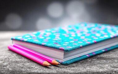 Teal-and-pink patterned notebook with pencils