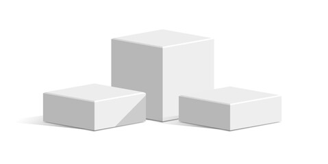 Three White cube block podium stage pedestal and platform vector, a minimalist display element. Ideal for product showcases, presentations, awards, exhibitions, and modern design.
