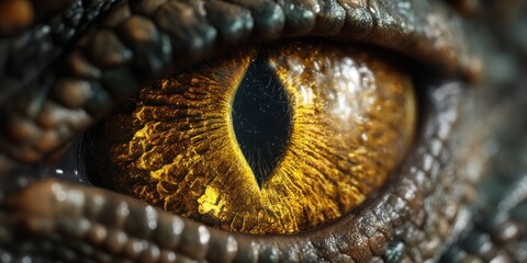 A detailed close up of a reptile eye with textured scales and a striking golden colored iris detail