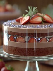 Layers of chocolate cake with strawberries