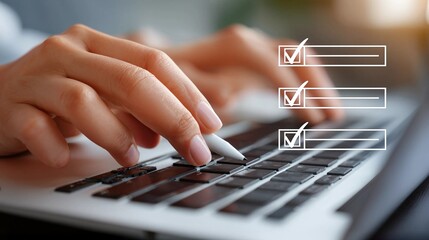 Hands typing on laptop with digital checklist - online task completion