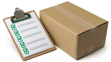 Completed checklist with green checkmarks next to a shipping box on white background
