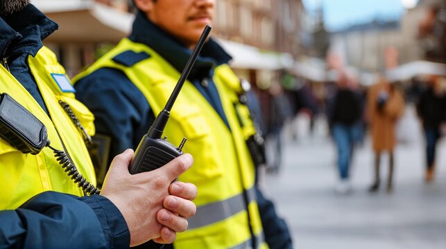 Security guard holding walkie talkie while on patrol in urban street
