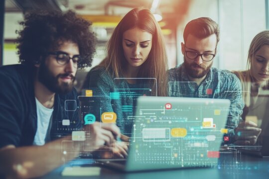 Colleagues collaborating on laptop in office while using digital media icons during work hours, media icons over diverse colleagues using laptop in office - Powered by Adobe