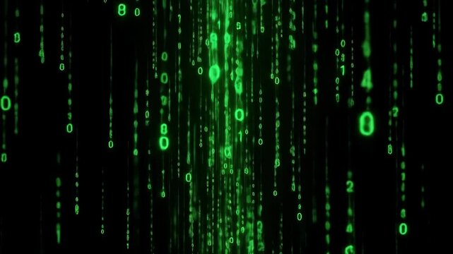 Green falling binary code streams, data and digital information abstract background. Technology concept with numbers.