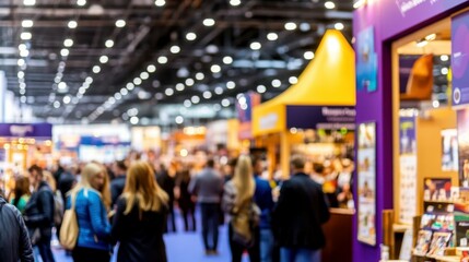 Busy Trade Show Floor: A bustling trade show floor filled with attendees exploring numerous exhibition booths. The atmosphere is energetic and vibrant.