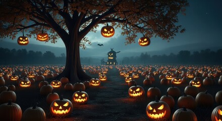 Spooky Pumpkin Patch under a Halloween Night Sky