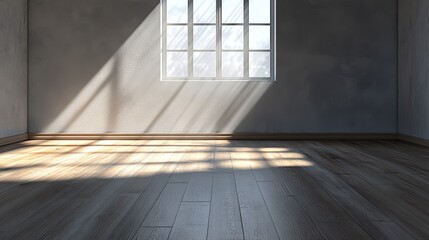 Bright sunlight streaming through a large window into an empty room with wooden floor and concrete walls du daytime