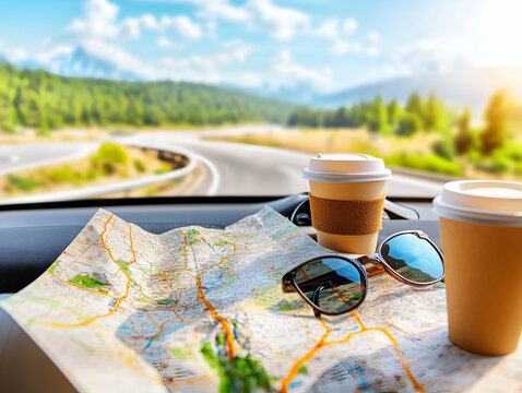 Adventure travel concept with map, sunglasses, and takeaway coffee on car dashboard, winding road in sunny landscape - Powered by Adobe