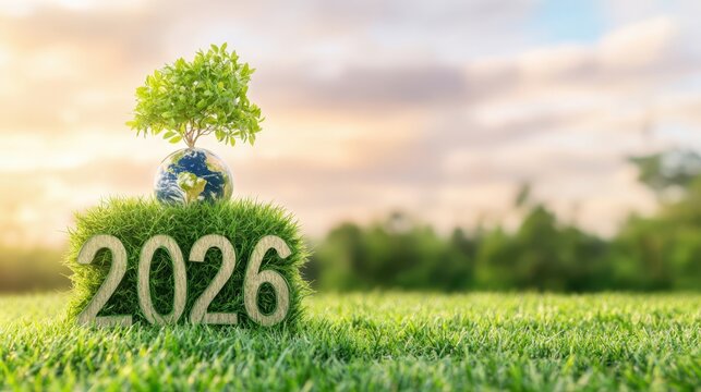 A Vision for the Future: The year 2026 blooms with promise as a verdant planet sprouts a thriving tree, symbolizing hope and growth in the face of nature's embrace.