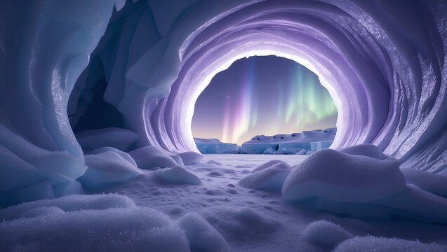 Exploring Ice Cave with Aurora Borealis Visible in Distant Winter Landscape - Powered by Adobe
