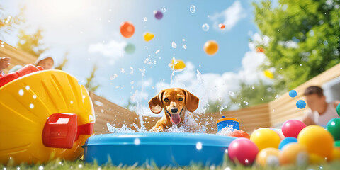 Joyful dachshund dog in garden, kids and toys around, sunny weather, active pet lifestyle