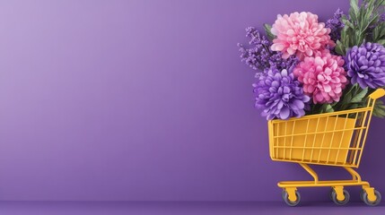 Floral Fantasy: A vibrant yellow shopping cart overflowing with an array of colorful flowers, a visual symphony of nature against a serene purple backdrop.