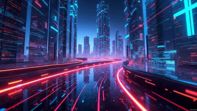 Futuristic cityscape with glowing lights and reflections on wet roads.