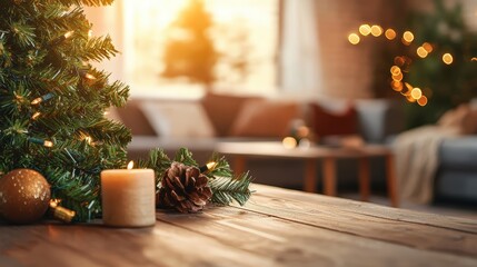 Cozy Christmas decorated living room with ornaments candles pinecones and warm lighting for holiday celebration