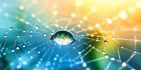 Macro shot of raindrops on spiderweb with soft sunlight and colorful bokeh effects