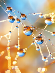 Natural spider web with morning dew and light reflections in colorful defocused view