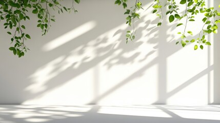 Bright Sunlight Streaming Through Window with Green Ivy Shadows on White Wall in Well-lit Room