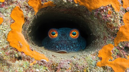 Blue fish peering from a coral cave.