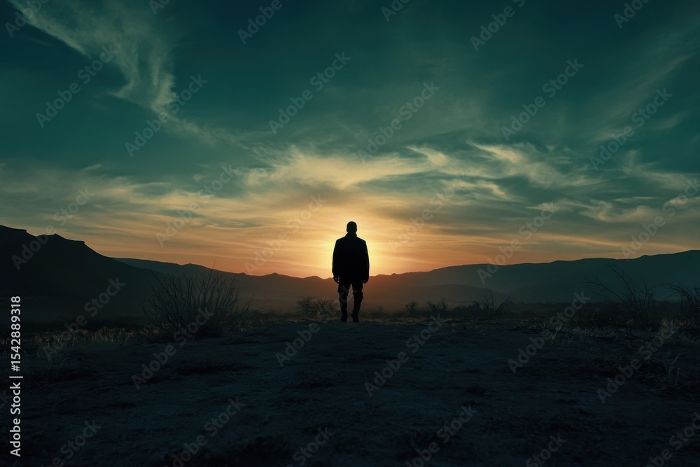 Poster mysterious figure stands against vibrant sunset in vast desert landscape, ufo journeys through the v
