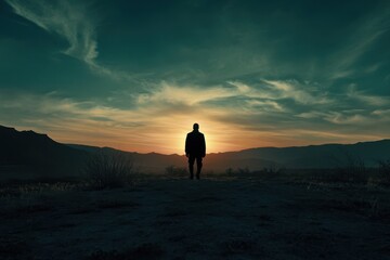 Mysterious figure stands against vibrant sunset in vast desert landscape, UFO journeys through the void of outer space