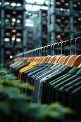 Rows of clothes on hangers in a modern store