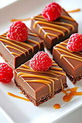 Chocolate brownie bars with caramel sauce and raspberries, festive dessert, close-up food presentation
