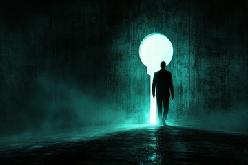 Obraz premium Man Walking Through Glowing Keyhole In Dark Teal Tunnel