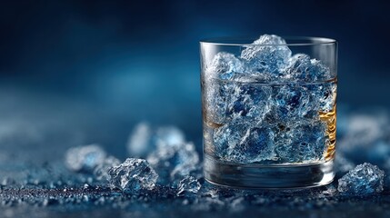 Glass of Whiskey with Ice Cubes on a Blue Background