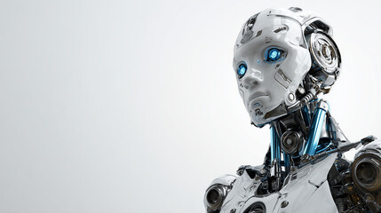 AI robot with blue eyes and a silver body, looking at the camera on a white background