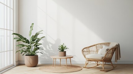 Bright Minimalist Interior with Indoor Plants and Rattan Lounge Chair in Sunlit Room