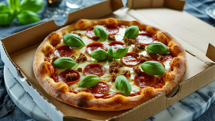 A top-down view of a freshly made pizza in a brown cardboard delivery box on a white marble surface.