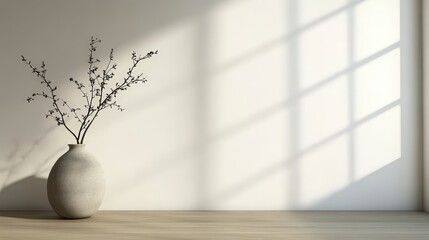 Minimalist Still Life Photography of a Plain Ceramic Vase with Branches on Light Wood Surface with Natural Sunlight Shadows