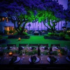 Tropical garden evening dining scene