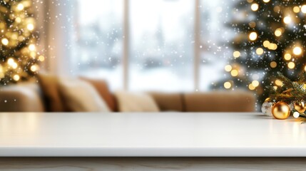 Festive Christmas holiday decorated living room with glowing lights and ornaments near window