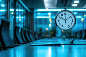 Clock overlaying business meeting in modern conference room highlighting productivity and time management strategies, Clock overlaying business meeting in modern conference room