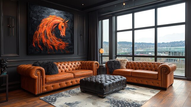 Modern living room featuring a large painting of a spirited horse and a stylish leather sectional sofa.