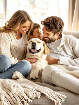Happy Family with Dog Relaxing on Sofa in Cozy Living Room &ndash; Love, Comfort and Togetherness at Home